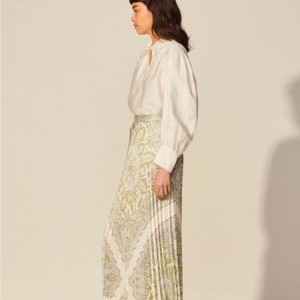 Sandro Elegant Green and Cream Midi Skirt Size 0